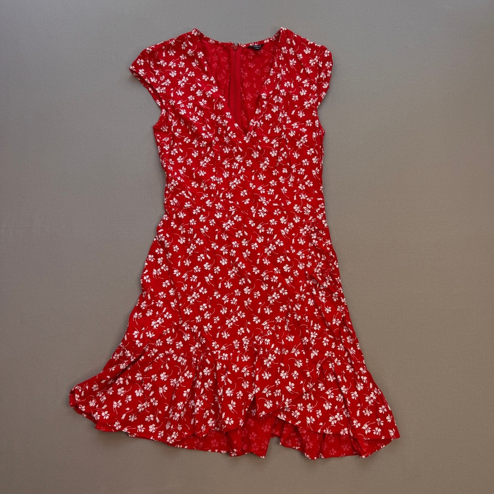 J.Crew Mercantile Red Floral V-Neck Ruffle Hem Mini Dress Size 2 Cap Sleeve
